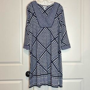 Charter Club Navy Blue White Tile Print V-neck Long Sleeve Dress XL